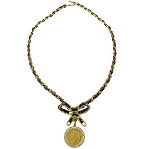 Chanel Gold Black Bow Medallion Rhinestone Choker Necklace 95P 195339